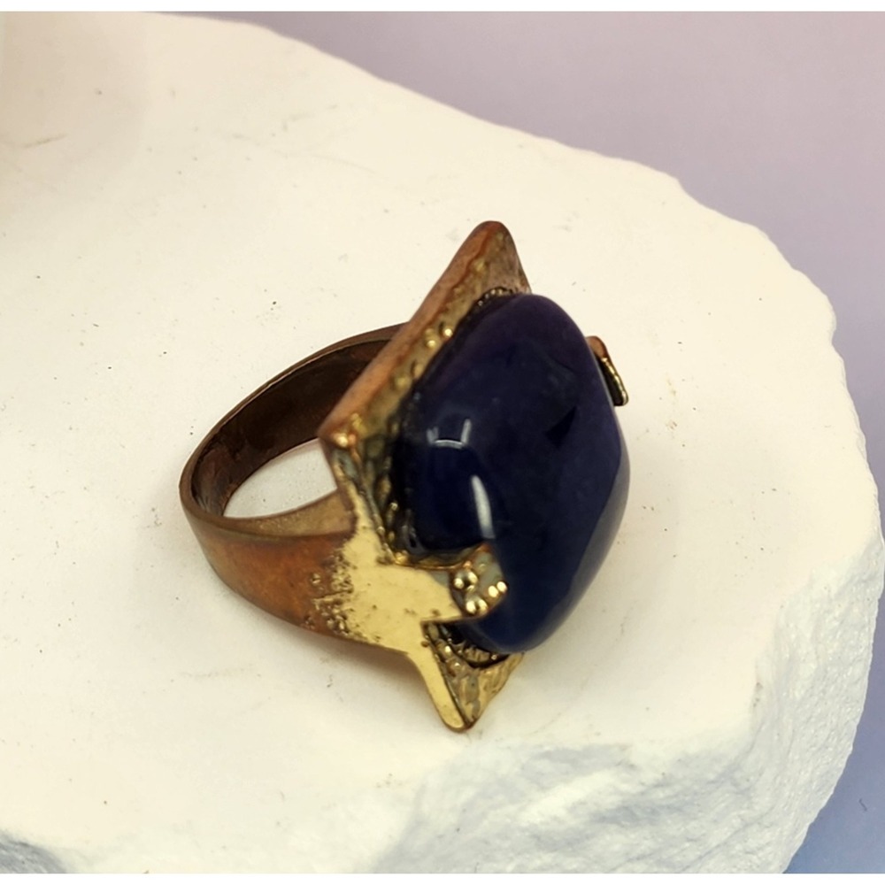 Blue Stone Ring Gold Tone Square Hammered Statement Cocktail Ring Size 8 Boho